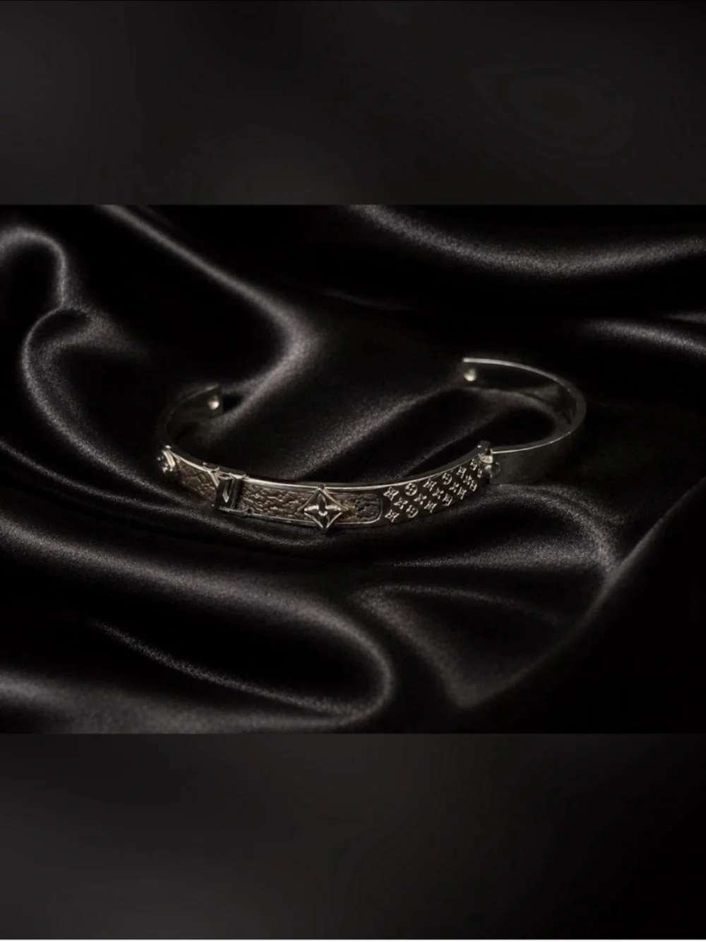 Silver and Brown LV Monogram Hinged Bangle Bracelet
